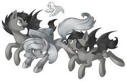 Size: 1418x931 | Tagged: safe, artist:lightning-stars, princess luna, oc, oc:frolicsome meadowlark, oc:pebbl, oc:sunshine smiles (egophiliac), bat pony, pony, roc, cartographer's cap, eyepatch, grayscale, hat, monochrome, moon roc, moonstuck, simple background, transparent background, woona