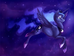 Size: 800x600 | Tagged: safe, artist:kaceymeg, princess luna, alicorn, pony, female, flying, mare, night, sky, smiling, solo