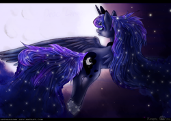 Size: 2700x1900 | Tagged: safe, artist:antharesmk, princess luna, alicorn, pony, flying, moon, solo