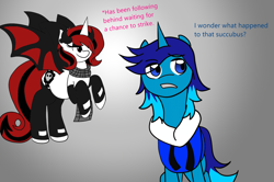 Size: 1200x799 | Tagged: safe, artist:solratic, oc, oc only, oc:light shine, oc:lilith, pony, succubus, succupony, unicorn, clothes, colored, female, jacket, lilight, male, mare, stallion, stockings, wings