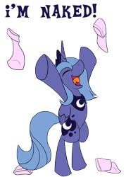 Size: 1000x1400 | Tagged: safe, artist:sc0t1n4t0r, princess luna, alicorn, pony, bipedal, clothes, nudity, s1 luna, simple background, socks, solo, we don't normally wear clothes