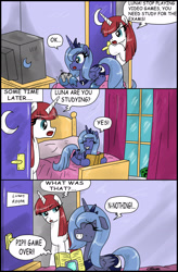 Size: 2142x3274 | Tagged: safe, artist:ciriliko, princess luna, oc, oc:fausticorn, alicorn, pony, comic, creeper, gamer luna, high res, lauren faust