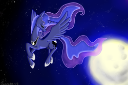 Size: 1800x1200 | Tagged: safe, artist:alcorexic92, princess luna, alicorn, pony, eyes closed, moon, solo, stars