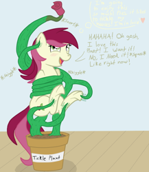 Size: 578x667 | Tagged: safe, artist:darkknighthoof, artist:darkknightwolf2011, artist:varikki, roseluck, earth pony, pony, blushing, bondage, colored, female, hoof fetish, hoof tickling, hooves, mare, plant, tickle torture, tickling, underhoof, vine