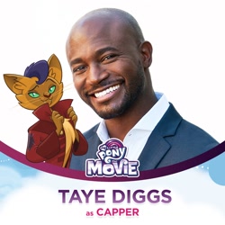 Size: 1200x1200 | Tagged: safe, derpibooru import, capper dapperpaws, abyssinian, anthro, cat, human, my little pony: the movie, character reveal, clothes, irl, irl human, male, mlp movie cast icons, official, photo, smug, solo, taye diggs, voice actor, with their characters