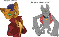 Size: 764x477 | Tagged: safe, derpibooru import, capper dapperpaws, rover, abyssinian, anthro, cat, diamond dog, my little pony: the movie, drama bait, hypocrisy, meta, simple background, white background