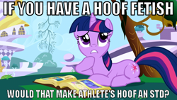 Size: 640x360 | Tagged: safe, twilight sparkle, pony, unicorn, female, hoof fetish, image macro, mare, purple coat, solo