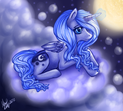 Size: 1000x900 | Tagged: safe, artist:dahlingmissliv, princess luna, alicorn, pony, cloud, cloudy, prone, solo