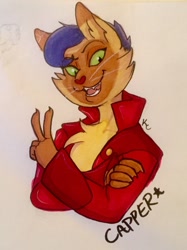 Size: 956x1280 | Tagged: safe, artist:snookumsgal, derpibooru import, capper dapperpaws, abyssinian, anthro, cat, my little pony: the movie, bust, clothes, coat, open mouth, peace sign, portrait, simple background, solo, traditional art, white background