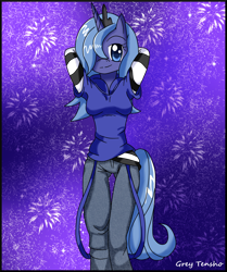 Size: 1270x1520 | Tagged: safe, artist:thearcanepony, princess luna, anthro, clothes, female, horn, purple coat, solo