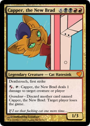 Size: 375x523 | Tagged: safe, derpibooru import, capper dapperpaws, abyssinian, anthro, cat, my little pony: the movie, hate, magic the gathering, male, meme, meta, that fucking cat, vulgar