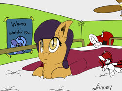 Size: 1024x768 | Tagged: safe, artist:xwoofyhoundx, princess luna, oc, oc only, oc:lilith, oc:lillian, oc:red velvet, bat, bat pony, pony, unicorn, bed, blanket, ceiling fan, doll, filly, plushie, poster, toy, woona, younger