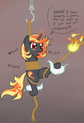 Size: 800x1172 | Tagged: safe, artist:darkknighthoof, artist:darkknightwolf2011, artist:varikki, oc, oc only, oc:incendia, pony, unicorn, fanfic:antipodes, blushing, bondage, colored, feather, female, fire, hoof fetish, hoof tickling, hooves, mare, rope, rope bondage, ropes, solo, suspended, tickle torture, tickling