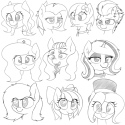 Size: 4000x4000 | Tagged: safe, artist:zippysqrl, oc, oc only, oc:charcoal, oc:four eyes, oc:hattsy, oc:lavender (neighday), oc:lilith, oc:melon frost, oc:nikita, oc:nurse bonesaw, oc:stone, oc:whinny, pony, unicorn, bow, bust, collar, ear piercing, earring, eyebrow piercing, eyeshadow, four eyes, frown, grayscale, hair bow, happy, hat, jewelry, lidded eyes, lip piercing, long tongue, looking at you, makeup, monochrome, multiple eyes, nurse hat, open mouth, piercing, simple background, sketch, sketch dump, smiling, smirk, tongue out, top hat, white background