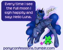 Size: 500x400 | Tagged: safe, princess luna, alicorn, pony, james bond, laser, meta, moonraker, pony confession