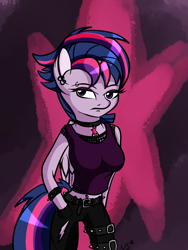 Size: 900x1200 | Tagged: safe, artist:novaspark, twilight sparkle, twilight sparkle (alicorn), anthro, castle sweet castle, alternate hairstyle, belly button, bellyring, cutie mark accessory, cutie mark choker, piercing, punk, punklight sparkle, solo