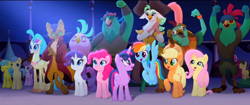 Size: 1366x574 | Tagged: safe, derpibooru import, screencap, applejack, boyle, capper dapperpaws, captain celaeno, clear skies, fluttershy, golden delicious, goldengrape, lemon hearts, lix spittle, mullet (character), murdock, pinkie pie, princess skystar, rainbow dash, rarity, red delicious, sir colton vines iii, twilight sparkle, twilight sparkle (alicorn), alicorn, anthro, classical hippogriff, earth pony, hippogriff, pegasus, pony, unicorn, my little pony: the movie, anthro with ponies, apple family member, background pony, female, male, mane six, mare, official, parrot pirates, pirate, species swap, stallion, toes, youtube link