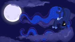 Size: 900x500 | Tagged: safe, artist:lilmandarin, princess luna, alicorn, pony, cloud, cloudy, eyes closed, flying, moon, night, solo