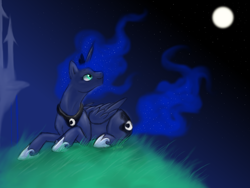 Size: 2048x1536 | Tagged: safe, artist:themiles, princess luna, alicorn, pony, moon, night, prone, solo