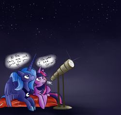 Size: 968x917 | Tagged: artist needed, safe, princess luna, twilight sparkle, alicorn, pony, blushing, female, lesbian, s1 luna, shipping, stars, telescope, twiluna