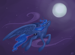 Size: 2700x2000 | Tagged: safe, artist:koeks-bienchen, princess luna, alicorn, pony, eyes closed, flying, happy, high res, moon, night, solo