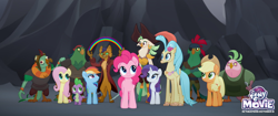 Size: 2048x858 | Tagged: safe, derpibooru import, edit, edited screencap, screencap, applejack, boyle, capper dapperpaws, captain celaeno, fluttershy, lix spittle, mullet (character), murdock, pinkie pie, princess skystar, rainbow dash, rarity, spike, anthro, classical hippogriff, dragon, hippogriff, my little pony: the movie, my little pony logo, parrot pirates, pirate, rainbow