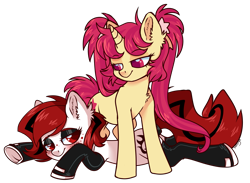 Size: 3517x2568 | Tagged: safe, artist:hawthornss, oc, oc only, oc:lilith, oc:seren, oc:seren song, earth pony, pony, unicorn, bedroom eyes, blushing, bow, clothes, eyeshadow, hair bow, latex, long mane, makeup, pigtails, socks, twintails, underhoof