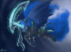 Size: 1776x1300 | Tagged: safe, artist:atryl, princess luna, alicorn, pony, constellation, crossover, diana, diana the scorn of the moon, league of legends, solo, warrior luna, weapon