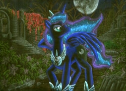 Size: 2000x1451 | Tagged: safe, artist:jedieldaniel, princess luna, alicorn, pony, moon, ruins, solo, traditional art