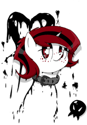 Size: 1080x1539 | Tagged: safe, artist:megamartex, oc, oc only, oc:lilith, succubus, succubus pony, unicorn, collar, digital art, female, freckles, ink, ink demon, ink drips, ink hearts, lower body gone, mare, my second post, red eyes, shading fail, shading practice, skull, solo, splatter