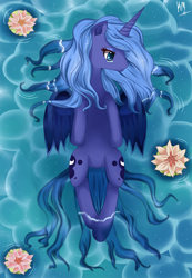 Size: 900x1300 | Tagged: safe, artist:pklove-chan, princess luna, alicorn, pony, g4, flower, on back, solo, swimming, water