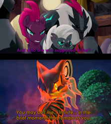 Size: 1331x1491 | Tagged: safe, derpibooru import, edit, edited screencap, screencap, capper dapperpaws, grubber, tempest shadow, abyssinian, pony, my little pony: the movie, broken horn, crossover, edgy, eye scar, horn, infinite (character), male, meme, ow the edge, scar, sonic forces, sonic the hedgehog (series)