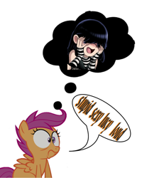 Size: 718x897 | Tagged: safe, artist:shadman, scootaloo, bird, chicken, >shadman, lucy loud, meme, simple background, speech bubble, stupid sexy flanders, stupid sexy lucy loud, stupid sexy meme, the loud house, thought bubble, white background