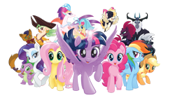 Size: 6111x3487 | Tagged: safe, derpibooru import, applejack, capper dapperpaws, captain celaeno, fluttershy, grubber, pinkie pie, princess skystar, queen novo, rainbow dash, rarity, songbird serenade, spike, storm king, tempest shadow, twilight sparkle, twilight sparkle (alicorn), alicorn, anthro, dragon, pony, seapony (g4), unicorn, my little pony: the movie, absurd resolution, broken horn, female, headworn microphone, horn, mane seven, mane six, mare, simple background, transparent background, vector