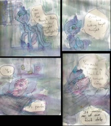 Size: 1632x1848 | Tagged: safe, artist:iiya, princess luna, twilight sparkle, alicorn, pony, bed, comic, female, immortality blues, lesbian, old, older, s1 luna, shipping, traditional art, twiluna