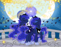 Size: 900x694 | Tagged: dead source, safe, artist:jaquelindreamz, prince artemis, princess luna, alicorn, pony, a canterlot wedding, eyes closed, horns are touching, lunartemis, magic, moon, night, raised hoof, rule 63, scene parody, self ponidox, selfcest