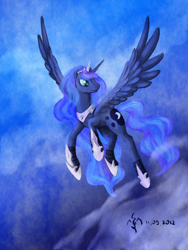 Size: 600x800 | Tagged: safe, artist:dalagar, princess luna, alicorn, pony, female, flying, mare, solo