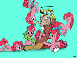 Size: 2440x1844 | Tagged: safe, artist:gamplym, discord, pinkie pie, earth pony, pony, bondage, chest fluff, clone, clones, colored, coloring, crying, digital art, discopie, drawing, drool, female, fluffy, fun, hoof fetish, hoof licking, hoof tickling, jumping, laughing, licking, lying, lying down, male, open mouth, pinkie clone, prone, raspberry, ropes, shipping, sitting, smiling, straight, tail, tickle torture, tickling, tongue out, tummy buzz, upside down, wings