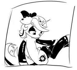 Size: 1819x1657 | Tagged: safe, artist:qweeli, oc, oc only, oc:lilith, semi-anthro, bow, clothes, ear piercing, earring, eyeshadow, female, grayscale, hair bow, jewelry, latex, latex socks, lidded eyes, makeup, mare, monochrome, piercing, socks, solo