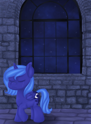 Size: 514x700 | Tagged: safe, artist:burningash, princess luna, alicorn, pony, eyes closed, solo, window, woona