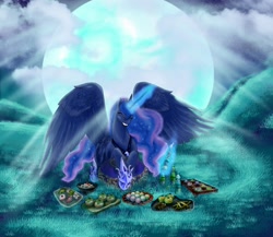 Size: 1500x1300 | Tagged: safe, artist:cobaltstratos, princess luna, alicorn, pony, eyes closed, food, happy, picnic, prone, solo