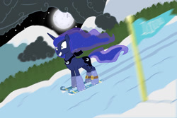 Size: 1500x1000 | Tagged: safe, artist:kinrah, princess luna, alicorn, pony, clothes, moon, scarf, skiing, snow, solo, wingless