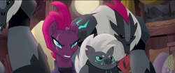 Size: 1600x672 | Tagged: safe, derpibooru import, screencap, capper dapperpaws, grubber, tempest shadow, abyssinian, anthro, pony, unicorn, my little pony: the movie, anthro with ponies, armor, broken horn, female, male, mare, storm guard, tempest shadow's bodyguard