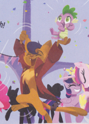 Size: 317x440 | Tagged: safe, derpibooru import, capper dapperpaws, princess cadance, spike, twilight sparkle, twilight sparkle (alicorn), abyssinian, alicorn, anthro, dragon, my little pony: the movie, capperbetes, celebration, cheering, cropped, cute, happy, lifted up, male, the great princess caper, yay