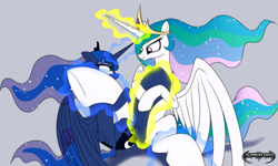 Size: 1500x900 | Tagged: safe, artist:da-goddamn-batguy, princess celestia, princess luna, alicorn, pony, eye contact, fetish, hoof fetish, hoof hugs, hooves, hug, magic, sitting, smiling, spread legs, spread wings, telekinesis