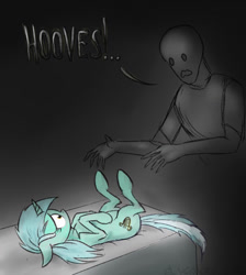 Size: 500x557 | Tagged: safe, artist:el-yeguero, lyra heartstrings, oc, oc:anon, human, bed, floppy ears, hand fetish, hoof fetish, imminent rape, legs in air, nightmare fuel, no face, no thank you, on back, role reversal, scared, wide eyes