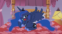 Size: 1920x1080 | Tagged: safe, artist:adcoon, princess luna, alicorn, pony, bed, blushing, mouth hold, rose, solo