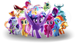 Size: 1424x803 | Tagged: safe, derpibooru import, applejack, capper dapperpaws, captain celaeno, fluttershy, grubber, pinkie pie, princess skystar, queen novo, rainbow dash, rarity, songbird serenade, spike, storm king, tempest shadow, twilight sparkle, twilight sparkle (alicorn), abyssinian, alicorn, anthro, bird, dragon, pony, seapony (g4), unicorn, my little pony: the movie, anthro with ponies, broken horn, female, glowing horn, headworn microphone, horn, mare, official, simple background, transparent background