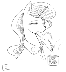 Size: 550x600 | Tagged: safe, artist:japananon, artist:昔の傷口, princess luna, alicorn, pony, banana, clothes, coffee, crying, eating, monochrome, pajamas, solo