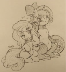 Size: 1973x2147 | Tagged: safe, artist:zajice, oc, oc:lilith, oc:scarlet trace (coffee bean), earth pony, pegasus, pony, belly, belly button, bow, bowtie, clothes, collar, ear piercing, earring, eyeshadow, female, foal, freckles, gloves, hair bow, jewelry, latex, latex gloves, latex socks, leggings, lineart, makeup, mare, monochrome, one eye closed, open mouth, piercing, signature, sitting, smiling, socks, traditional art, wink